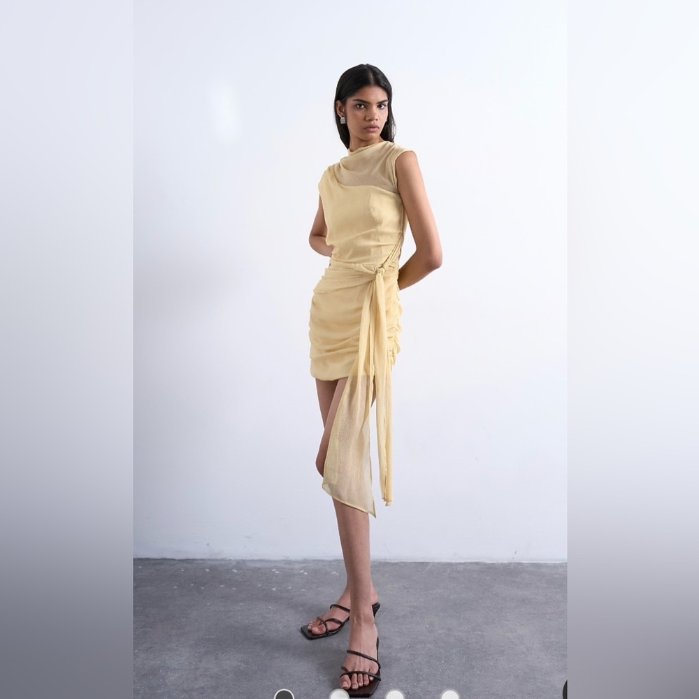 butter yellow drapes side tie mini dress